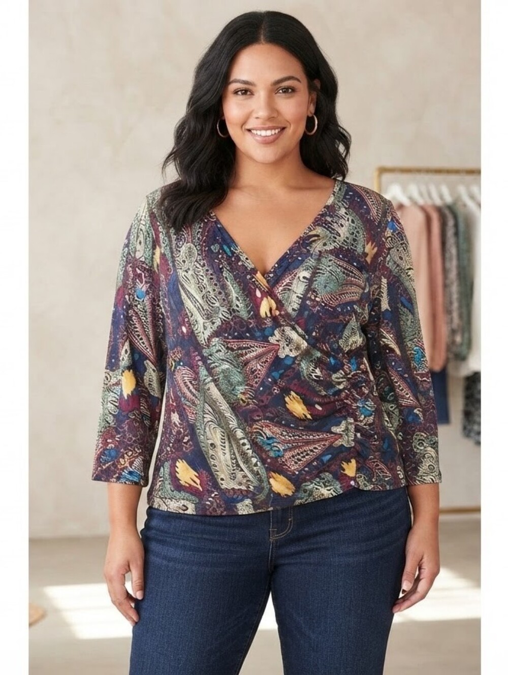 ​Roz & Ali Plus Size 18/20 Paisley Faux Wrap Blouse Boho 3/4 Sleeve Top